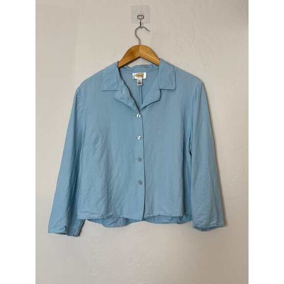 Talbots Linen Rayon Blend Boxy Button Front‎ Blouse Blue Open Back 16 Vintage - Picture 1 of 7